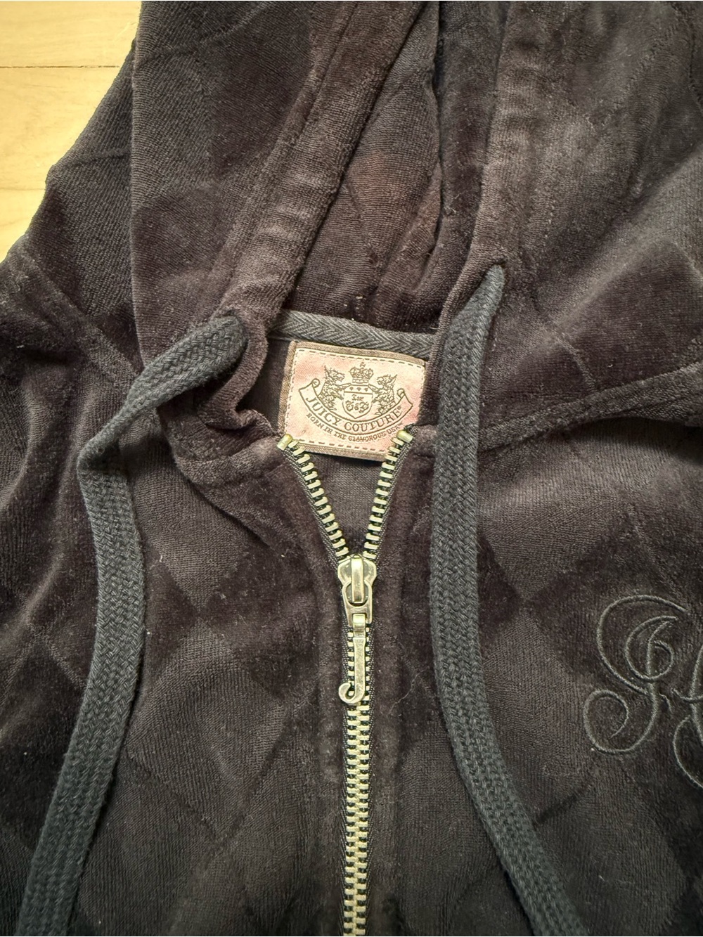 Juicy Couture Black Velour Zip Hoodie with Embroidered Monogram - Picture 3 of 8